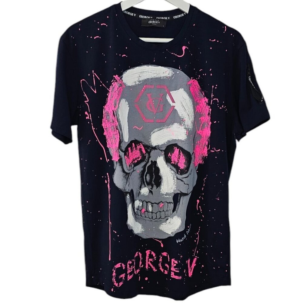 Avenue George V Paris Skull T-Shirt, Splatter Print, Graphic, Blue, Size Large